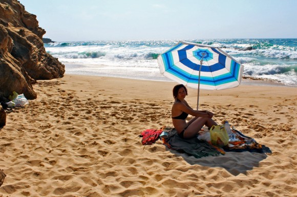 Our parasol and 'crime scene'